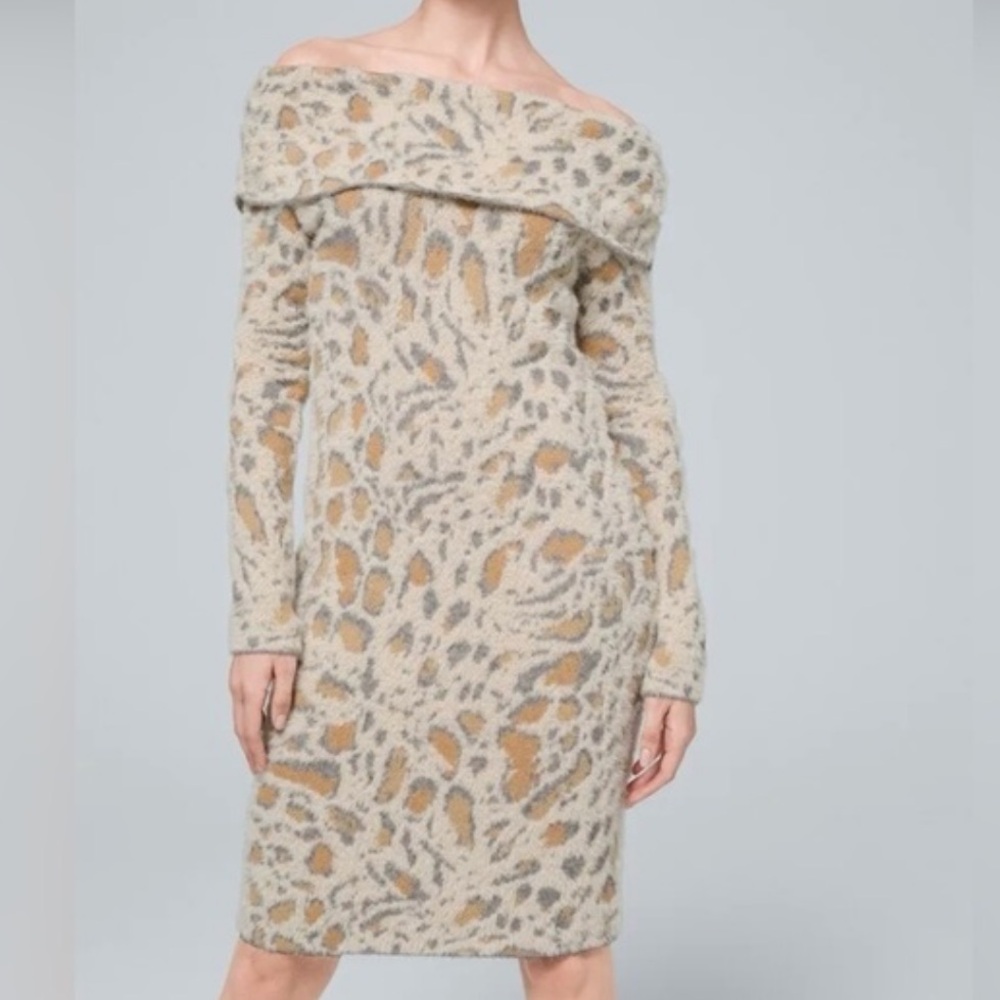 ✨HP x2✨ White House Black Market Leopard Print Off-Shoulder Sweater Dress XS NWT